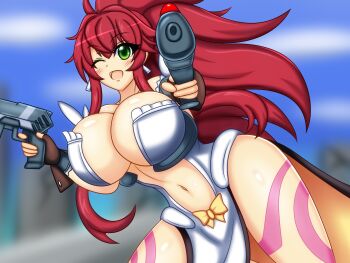 1girl blurry blurry_background blush breasts cleavage curvy dual_wielding earrings fingerless_gloves gloves green_eyes gun highres himeki_luna holding holding_gun holding_weapon huge_breasts jewelry long_hair long_sidelocks looking_at_viewer navel one_eye_closed open_mouth pelvic_curtain ponytail red_hair revealing_clothes sidelocks smile solo tattoo thick_thighs thighs ume_yukari vanguard_princess weapon wide_hips