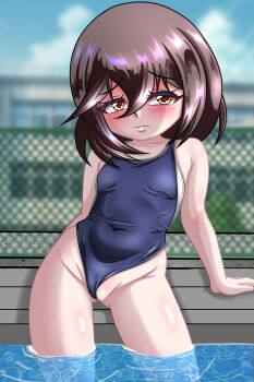 1girl arm_support blue_one-piece_swimsuit blue_school_swimsuit blush breasts brown_eyes brown_hair building chain-link_fence chapio clothing_aside cloud collarbone competition_swimsuit embarrassed exhibitionism fence loli looking_at_viewer one-piece_swimsuit original partially_submerged pool public_indecency pussy rui_(chapio) school school_swimsuit short_hair sky small_breasts standing swimsuit swimsuit_aside wading water