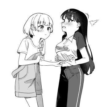 2girls bang_dream! bang_dream!_it's_mygo!!!!! blush breasts closed_mouth crop_top greyscale highres kaname_raana large_breasts long_hair monochrome multiple_girls nekohige0123 overalls pants shiina_taki shirt short_hair simple_background tickling tickling_stomach white_background yuri