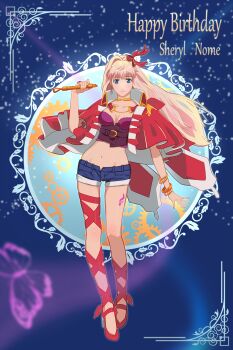 1girl absurdres asymmetrical_legwear belt blonde_hair blue_eyes blue_shorts bracelet breasts bug butterfly cape character_name cleavage coat coat_on_shoulders commentary_request crop_top denim denim_shorts earrings gears gold_bracelet gold_choker hair_ribbon happy_birthday high_heels highres holding holding_microphone insect jewelry leg_ribbon light_blush light_smile long_hair ma-bo0429_(masaki) macross macross_frontier medium_breasts microphone midriff navel official_alternate_costume open_fly pink_nails purple_shirt red_cape red_coat red_ribbon red_shoes ribbon ring sheryl_nome shirt shoes short_shorts shorts single_earring smile solo star_(sky) starry_sky_background