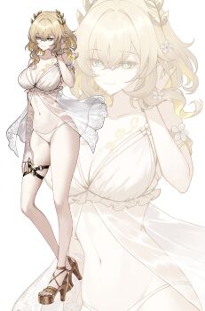 1girl absurdres aglaea_(honkai:_star_rail) alternate_costume armlet babydoll bare_shoulders breast_tattoo breasts bright_pupils brown_hair brown_shoes cleavage closed_mouth commentary duplicate flower frills full_body green_eyes hair_flower hair_ornament hand_up high_heels highres honkai:_star_rail honkai_(series) jewelry kyundoo large_breasts leaf_hair_ornament looking_at_viewer medium_hair nail_polish o-ring see-through_clothes shoes simple_background skindentation smile solo standing tattoo thigh_strap toenail_polish toenails white_background white_flower yellow_nails zoom_layer