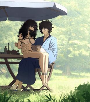 1boy 1girl absurdres bdsm black_hair blush bound breasts clothed_male_nude_female commentary completely_nude electric_toothbrush feet full_body gag gagged glasses highres hitachi_magic_wand improvised_gag japanese_clothes kimono kusujinn long_hair lotion medium_breasts nipples nude original outdoors park restrained rope sex_toy shibari sitting sitting_on_lap sitting_on_person sunscreen symbol-only_commentary tape tape_gag toothbrush torso_grab vibrator