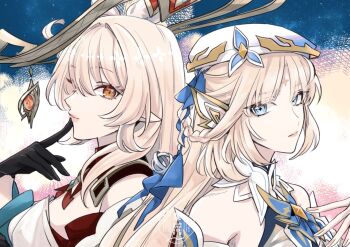 2girls alice_(genshin_impact) bare_shoulders black_gloves blonde_hair blue_eyes braid breasts closed_mouth cowlick expressionless facial_mark forehead_mark genshin_impact gloves hand_on_another&#039;s_chin hat long_hair multiple_girls nendo_(n) nicole_reeyn pointy_ears pyro_symbol_(genshin_impact) smile upper_body vision_(genshin_impact)