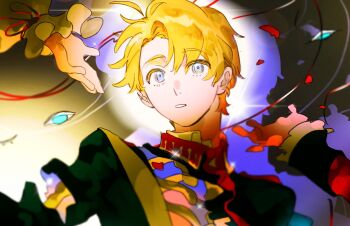 1boy ahoge america_(hetalia) axis_powers_hetalia black_background blonde_hair blue_eyes collared_jacket commentary_request eji_gakuki frills green_jacket hair_between_eyes highres jacket long_sleeves looking_at_viewer male_focus military military_jacket military_uniform petals red_ribbon ribbon short_hair solo sparkle teeth two-tone_background upper_body white_background