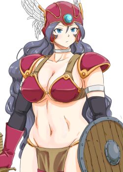 Rule 34 | 1girl, anbj, armor, black hair, blue eyes, breasts, choker, commentary request, cosplay, dragon quest, gloves, hair between eyes, hat, helmet, holding, holding shield, holding weapon, idolmaster, idolmaster cinderella girls, loincloth, long hair, medium breasts, navel, red gloves, red hat, shield, standing, sugisaka umi, very long hair, warrior (dq3), warrior (dq3) (cosplay), weapon, winged helmet