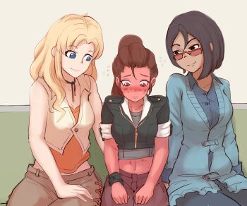 3girls age_difference black_eyes black_hair blonde_hair blue_eyes blush breasts brown_eyes brown_hair cleavage closed_mouth collarbone couch couple dark-skinned_female dark_skin embarrassed facing_another faunus_(rwby) freckles girl_sandwich glasses happy height_difference high_ponytail hiwonoafu ilia_amitola indoors jacket large_breasts long_hair long_sleeves looking_at_another looking_down matching_hair/eyes mature_female medium_breasts midriff multiple_girls navel nervous pants parody ponytail room rwby sandwiched saphron_cotta-arc shirt short_hair short_sleeves sitting sleeveless sleeveless_shirt smile terra_cotta-arc vest wife_and_wife yuri zipper