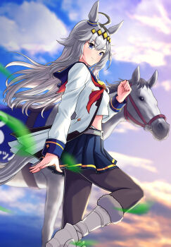 1girl absurdres ahoge animal_ears black_pantyhose blue_eyes blue_sailor_collar blue_skirt blush boots breasts brooch cheenosuke closed_mouth cloud commentary_request creature_and_personification ear_ornament grey_hair grey_tail hair_between_eyes hair_ornament hairband highres horse horse_ears horse_girl horse_tail jacket jewelry long_hair long_sleeves midriff multicolored_hair neckerchief oguri_cap_(racehorse) oguri_cap_(starlight_beat)_(umamusume) oguri_cap_(umamusume) panty_straps pantyhose personification pleated_skirt real_life red_neckerchief sailor_collar shirt skirt sky smile star_brooch tail umamusume white_boots white_jacket white_shirt