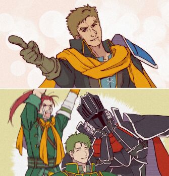 Rule 34 | 4boys, armor, black armor, black knight (fire emblem), brown hair, closed eyes, commentary request, crying, eifilet, fire emblem, fire emblem: path of radiance, gloves, green hair, greil, helmet, long hair, male focus, multiple boys, nintendo, one eye closed, open mouth, oscar (fire emblem), pauldrons, ponytail, red hair, scar, scar on face, scar on forehead, shinon (fire emblem), short hair, shoulder armor, single pauldron, voice actor connection