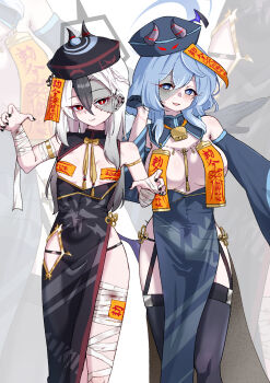 2girls absurdres ako_(blue_archive) alternate_costume bandaged_arm bandaged_leg bandages bell black_dress black_garter_straps black_hair black_hat black_nails black_shoes black_thighhighs blue_archive blue_dress blue_eyes blue_gloves blue_hair blue_halo blush breast_cutout breasts china_dress chinese_clothes closed_mouth cuffs demon_girl demon_horns demon_wings detached_sleeves dress ear_piercing earrings garter_straps gloves grey_halo hair_behind_ear hair_between_eyes halo hand_in_own_hair hat highres horns jewelry jiangshi kayoko_(blue_archive) large_breasts long_hair long_sleeves looking_at_viewer multicolored_hair multiple_girls neck_bell ofuda ofuda_on_head ofuda_on_nipples open_mouth pasties pelvic_curtain piercing shackles shoes side_slit sidelocks single_wing small_breasts smile so-ko stitched_face stitches stud_earrings thighhighs two-tone_hair white_hair wings zoom_layer