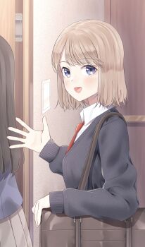 12_graka 1girl :d absurdres bag black_sweater brown_hair highres indoors looking_at_viewer medium_hair necktie open_mouth original red_necktie school_bag school_uniform smile solo_focus standing sweater