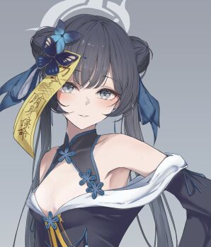 absurdres bare_shoulders black_hair blue_archive braid braided_bun butterfly_hair_ornament china_dress chinese_clothes double_bun dress grey_eyes grey_halo hair_bun hair_ornament halo highres kisaki_(blue_archive) long_hair looking_at_viewer ofuda ofuda_on_head simple_background tassel toorisugari_no_dechikou upper_body