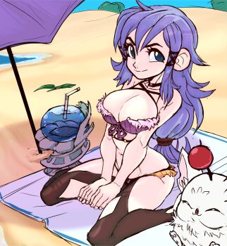 beach beach_towel bikini breasts cleavage cleft_of_venus drink drinking_straw final_fantasy final_fantasy_crystal_chronicles highres kneeling large_breasts long_hair looking_at_viewer moogle parasol purple_eyes purple_hair sand selkie shore swimsuit teevo towel umbrella