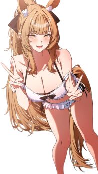 1girl :d absurdres animal_ear_fluff animal_ears arknights bare_shoulders bent_over bikini black_bow blemishine_(arknights) blonde_hair blunt_bangs blush bow breasts cleavage collarbone commentary double_v feet_out_of_frame hair_bow highres horse_ears horse_girl horse_tail large_breasts long_hair looking_at_viewer navel open_mouth ponytail simple_background smile solo standing swimsuit tail tobildesu v very_long_hair white_background white_bikini yellow_eyes