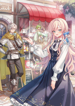 Rule 34 | 1boy, 3girls, absurdres, black bow, black bowtie, black dress, black pants, blue eyes, blue hair, blush, boots, bow, bowtie, brown boots, brown gloves, closed mouth, collared shirt, commentary request, cowboy shot, day, dress, fairy, frilled dress, frills, gloves, green hair, grey hair, highres, knee boots, long hair, long sleeves, looking at viewer, multiple girls, open mouth, original, outdoors, pants, pinafore dress, pink hair, scarf, shirt, short hair, sleeveless, sleeveless dress, smile, standing, suzaku (zaku6584), white shirt, yellow scarf