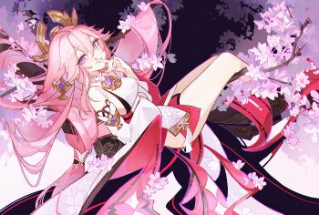 1girl animal_ears cherry_blossoms commentary_request detached_sleeves earrings finger_to_mouth floral_print flower fox_ears full_body genshin_impact hair_between_eyes hand_up jewelry long_hair looking_at_viewer lying_on_branch parted_lips pink_eyes pink_flower pink_hair pink_nails red_skirt shirt skirt solo very_long_hair wanwu_(nighmist) white_shirt white_sleeves wide_sleeves yae_miko