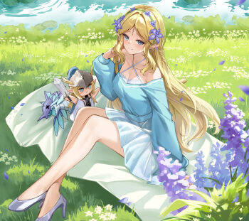 1girl alternate_costume bare_legs bare_shoulders blonde_hair blue_eyes blue_shirt blue_skirt breasts cartethyia_(wuthering_waves) cleavage closed_mouth collarbone commentary criss-cross_halter crossed_ankles earrings flower flower_hairband grass grey_shoes halterneck hand_puppet hand_up hashtag-only_commentary high_heels highres jewelry legs light_blush long_hair long_sleeves looking_at_viewer lunacle medium_breasts outdoors paid_reward_available parted_bangs pointy_ears puppet purple_flower shirt shoes sidelocks sitting skirt smile solo tacet_mark_(wuthering_waves) very_long_hair white_flower white_skirt wuthering_waves