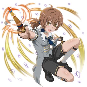 1girl anime_coloring black_gloves black_shoes black_shorts blue_flower blue_rose breasts brown_eyes brown_hair danmachi_memoria_freese dungeon_ni_deai_wo_motomeru_no_wa_machigatteiru_darou_ka fingerless_gloves flower full_body gloves grey_jacket hand_up holding holding_wand jacket kneehighs liliruca_arde looking_at_viewer low_ponytail official_alternate_costume official_alternate_hairstyle official_art on_one_knee ponytail rose shoes short_hair short_ponytail short_sleeves shorts small_breasts socks solo tailcoat third-party_source wand weapon white_socks