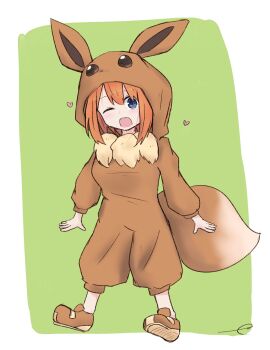 1girl ;d blue_eyes blush brown_shoes commentary_request cosplay eevee eevee_(cosplay) eevee_ears eevee_tail eyebrows_hidden_by_hair female_focus full_body gen_1_pokemon go-toubun_no_hanayome green_background hair_between_eyes heart highres hood hood_up kujou_karasuma long_sleeves nakano_yotsuba nintendo one_eye_closed open_mouth orange_hair poke_kid_(pokemon) poke_kid_(pokemon)_(cosplay) pokemon pokemon_swsh pokemon_tail puffy_long_sleeves puffy_sleeves shoe_soles shoes signature smile solo tail teeth two-tone_background upper_teeth_only white_background