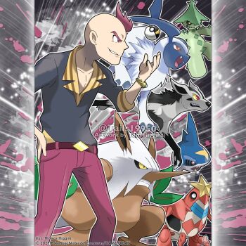 Rule 34 | 1boy, absol, artist name, belt, black sclera, black shirt, bracelet, bright pupils, cacturne, closed mouth, collared shirt, colored sclera, commentary, company name, copyright notice, crawdaunt, english commentary, fangs, from side, gen 3 pokemon, hand on own hip, instagram username, jewelry, long nose, male focus, merchandise available, mightyena, nintendo, official style, open mouth, outline, pants, pointy nose, poke ball, pokemon, pokemon (creature), pokemon oras, red belt, red eyes, red hair, red pants, sharp teeth, sharpedo, shiftry, shirt, short hair, sidney (pokemon), smirk, teeth, tom higgins, ultra ball, very short hair, watermark, white outline, white pupils, yellow eyes, yellow sclera