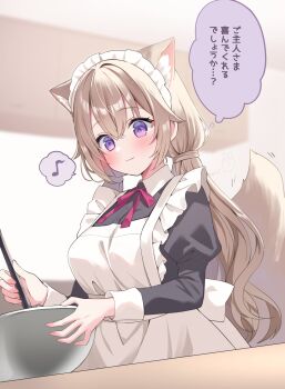Rule 34 | 1girl, animal ear fluff, animal ears, apron, blush, bowl, breasts, brown hair, commentary request, double-parted bangs, extra ears, fio (hamico), hamico, highres, holding, holding bowl, maid, maid apron, maid headdress, medium breasts, musical note, original, purple eyes, solo, speech bubble, spoken musical note, stirring, tail, thought bubble, twintails, wolf ears, wolf girl, wolf tail