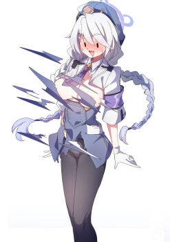 1girl :d absurdres ahoge armband black_pantyhose black_skirt blue_archive blue_eyes blue_halo blush braid breasts commentary gloves halo hat high-waist_skirt highres kirino_(blue_archive) large_breasts long_hair open_mouth panties panties_under_pantyhose pantyhose police police_hat police_uniform policewoman purple_armband purple_halo shirt skirt smile solo sweat to_(tototo_tk) torn_clothes torn_shirt torn_skirt twin_braids underwear white_gloves white_hair white_shirt