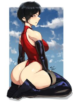 1girl absurdres ada_wong adapted_costume artist_logo ass bare_shoulders between_legs black_boots black_eyes black_gloves black_thighhighs blue_sky boots border breasts brown_eyes capcom closed_mouth cloud cursed_equinox day ear_piercing elbow_gloves expressionless eyelashes female_focus fishnet_thighhighs fishnets from_behind gloves hand_between_legs highres huge_ass large_breasts leotard logo looking_at_viewer looking_back piercing platform_boots profile red_leotard resident_evil resident_evil_2 short_hair sky solo thigh_boots thighhighs thighs thong thong_leotard white_border