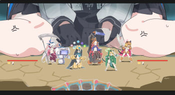 Rule 34 | 6+girls, absurdly long hair, absurdres, anger vein, aris (blue archive), black gloves, black hair, black skirt, blonde hair, blue archive, blue eyes, cape, cloak, commentary, cosplay, crossover, doodle sensei (blue archive), full body, game development department (blue archive), giant, giantess, gloves, green eyes, hair between eyes, health bar, highres, holding, holding scythe, holding sword, holding weapon, hood, hooded cloak, kei (amas) (blue archive), kei (blue archive), kei (new body) (blue archive), long hair, long hair between eyes, midori (blue archive), millennium science school logo, momoi (blue archive), multiple girls, nemo (leafnight), pink eyes, pink hair, pleated skirt, scythe, sensei (blue archive), sidelocks, sitting, skirt, slay the spire, slay the spire 2, sovereign blade, sword, the defect (slay the spire), the ironclad (slay the spire), the necrobinder (slay the spire), the regent (slay the spire), the silent (slay the spire), untranslatable commentary, very long hair, wariza, weapon, yuuka (blue archive), yuzu (blue archive)