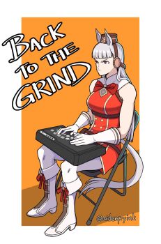 1girl animal_ears arcade_stick blunt_bangs bow chair commentary controller english_commentary folding_chair game_controller gold_ship_(umamusume) grey_hair highres horse_ears horse_girl horse_tail joystick long_hair on_chair pillbox_hat playing_games purple_eyes raider_fry scowl sitting tail umamusume