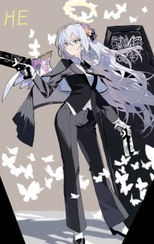 1girl 218_(niiya) absurdres azusa_(blue_archive) black_coat black_jacket black_necktie black_pants blue_archive bug butterfly coat coat_on_shoulders coffin collared_shirt commentary_request e.g.o_(project_moon) flower full_body hair_flower hair_ornament halo highres insect jacket lobotomy_corporation long_hair long_sleeves necktie pants project_moon shirt sidelocks solemn_lament_(e.g.o) solo very_long_hair white_butterfly white_hair white_shirt white_wings wings