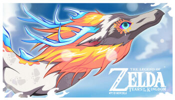 animal_focus artist_name blue_eyes border colored_sclera commentary copyright_name dragon english_commentary flying light_dragon_(zelda) nintendo no_humans outdoors purple_sclera solo the_legend_of_zelda the_legend_of_zelda:_tears_of_the_kingdom white_border woofzilla