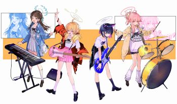 4girls absurdres after-school_sweets_club_(blue_archive) ahoge airi_(band)_(blue_archive) airi_(blue_archive) animal_ears arm_up bass_guitar black_hair black_jacket black_mask black_shoes blonde_hair blue_archive blue_jacket brown_hair cat_ears chinese_commentary clothes_around_waist colored_inner_animal_ears colored_inner_hair commentary_request drum drum_set drumsticks extra_ears fretless_bass_guitar fretless_guitar fretless_instrument full_body green_eyes green_halo grey_socks hair_flaps halo highres holding holding_bass_guitar holding_drumsticks holding_instrument index_finger_raised instrument jacket jacket_around_waist kazusa_(band)_(blue_archive) kazusa_(blue_archive) keyboard_(instrument) loafers logo_print long_hair looking_at_viewer loose_socks low_twintails mask mask_around_neck mask_pull mouth_mask multicolored_hair multiple_girls music natsu_(band)_(blue_archive) natsu_(blue_archive) off_shoulder official_alternate_costume open_clothes open_jacket open_mouth pink_hair pink_halo pink_skirt playing_instrument pleated_skirt poxiao_buff print_shirt red_eyes red_jacket shirt shirt_tucked_in shoes sidelocks skirt smile socks standing twintails two-tone_hair white_shirt white_skirt white_socks wristband yellow_eyes yellow_halo yoshimi_(band)_(blue_archive) yoshimi_(blue_archive)