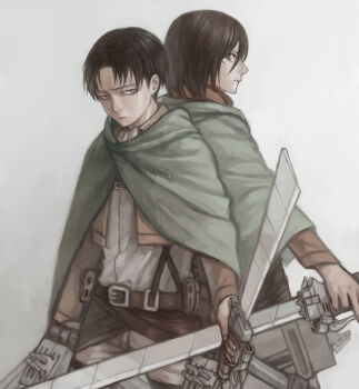 1boy 1girl affair back-to-back bad_tag belt betrayal black_hair cape cheating_(relationship) disgrace disgust dual_wielding holding incest incestuous incestus infidelity levi_(shingeki_no_kyojin) mikasa_ackerman mukuo netorare netorase out_of_character shingeki_no_kyojin sword three-dimensional_maneuver_gear unfaithful weapon