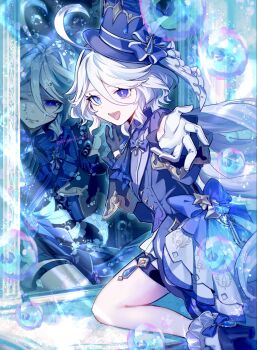 1girl ascot asymmetrical_gloves black_gloves blue_ascot blue_eyes blue_gemstone blue_hair blue_jacket bubble cowlick drop-shaped_pupils furina_(genshin_impact) gem genshin_impact gloves hair_between_eyes hat heterochromia highres imoraisu_subu jacket long_hair mirror mismatched_gloves mismatched_pupils multicolored_hair open_mouth reaching reaching_towards_viewer reflection smile symbol-shaped_pupils teeth top_hat white_gloves white_hair