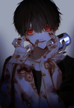 1boy alcohol bag bandaid bandaid_on_arm bandaid_on_face bandaid_on_finger bandaid_on_hand beer_can bishounen black_hair black_nails black_shirt blurry bruise bruise_on_arm bruise_on_knee bruise_on_leg can closed_mouth collarbone commentary crew_neck crossed_legs depth_of_field drink_can eyes_visible_through_hair hair_over_eyes hands_up highres holding holding_bag holding_can implied_drugging injury kadoi_oe knees_up looking_at_viewer male_focus mole mole_under_eye original pill red_eyes sanpaku shirt short_hair skinny solo three-quarter_sleeves too_many_bandaids upper_body ziploc_bag