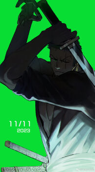 1boy birthday dated green_background green_hair green_theme highres holding holding_sword holding_weapon japanese_clothes kimono looking_at_viewer male_focus mcbuckwheat one_piece open_clothes open_kimono pectoral_cleavage pectorals roronoa_zoro scar scar_across_eye scar_on_face short_hair smirk solo sword sword_in_front_of_face upper_body weapon