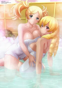 Rule 34 | 2girls, areola slip, arm support, bamboo fence, blonde hair, blue eyes, blush, breasts, bush, cleavage, cloud, collarbone, fence, fire emblem, fire emblem awakening, hands on another's waist, kneeling, large breasts, lissa (fire emblem), long hair, looking at viewer, maribelle (fire emblem), multiple girls, naked towel, nintendo, onsen, parted lips, partially submerged, pink sky, red eyes, ringlets, rock, sitting, sky, smile, steam, teeth, towel, twintails, water, yuri, zel-sama