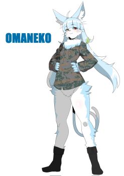 1boy ahoge animal_ear_fluff animal_ears black_boots blue_fur boots camouflage camouflage_jacket cat_ears character_name corrupted_twitter_file forked_tail full_body furry furry_male goru_(glty07) hands_on_own_hips heterochromia highres jacket japan_air_self-defense_force_omaezaki_sub-base long_hair male_focus omaneko red_eyes solo tail very_long_hair yellow_eyes