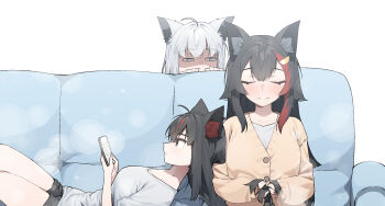 3girls ahoge animal_ear_fluff animal_ears aqua_eyes black_hair black_shorts braid breasts cellphone closed_eyes commentary fox_ears fox_girl fox_tail hair_between_eyes hair_ornament hand_on_another's_shoulder highres holding hololive korean_commentary kurokami_fubuki large_breasts light_blush light_smile long_hair long_sleeves mean_0603 multicolored_hair multiple_girls ookami_mio phone puffy_sleeves red_hair shaded_face shirakami_fubuki shorts simple_background sitting smartphone tail white_hair