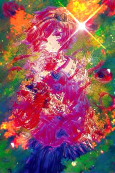 Rule 34 | 1girl, abstract, absurdres, blue skirt, blurry, buttons, closed mouth, collared shirt, commentary request, cowboy shot, depth of field, expressionless, hair ornament, hand up, heart, heart button, heart hair ornament, highres, komeiji satori, muxu 0216, pink eyes, pink hair, pink shirt, shirt, short hair, sideways glance, sketch, skirt, solo, sparkle, straight-on, third eye, touhou