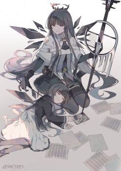 2girls aged_down arknights ascot black_eyes black_gloves black_hair black_halo blunt_bangs broken_halo child collared_jacket commentary dark_halo detached_wings energy_wings gloves hair_spread_out halo highres hime_cut husband_and_wife jacket long_hair long_sleeves looking_at_viewer luciana_giallo_(arknights) marcello_giallo_(arknights) multiple_girls revision sae1293 short_sleeves sidelocks straight_hair twitter_username very_long_hair virtuosa_(arknights) virtuosa_(young)_(arknights) watermark watermark_grid white_jacket wings