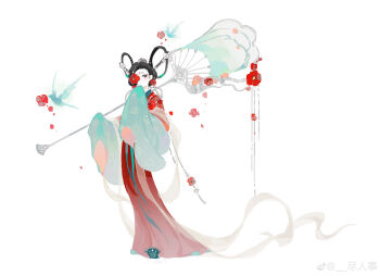 1girl absurdres aqua_sleeves bird black_hair blue_bird carrying_over_shoulder chinese_clothes closed_mouth earrings eyeliner facial_mark floral_print flower flower_earrings flower_in_eye forehead forehead_mark full_body hagoromo hair_rings hand_fan hanfu highres holding holding_fan jewelry jin_renshi layered_sleeves long_sleeves makeup original oversized_object poppy_(flower) red_eyeliner red_flower red_hanfu shawl short_hair short_over_long_sleeves short_sleeves simple_background sleeves_past_fingers sleeves_past_wrists solo standing symbol_in_eye tuanshan watermark weibo_watermark white_background wide_sleeves