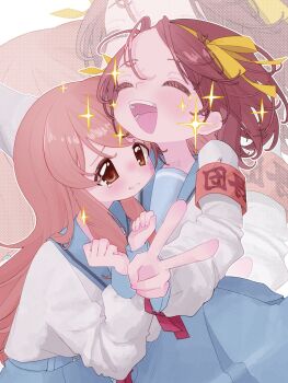 Rule 34 | 2girls, armband, asahina mikuru, ben-day dots, blue sailor collar, blue skirt, brown hair, clenched hands, closed eyes, hair ribbon, happy, highres, kita high school uniform, long hair, multiple girls, orange hair, paperclip, red armband, red ribbon, ribbon, sailor collar, school uniform, screentones, shy, skirt, sparkle, suzumiya haruhi, suzumiya haruhi no yuuutsu, tears, teruteru twinq, v, yellow ribbon, zoom layer