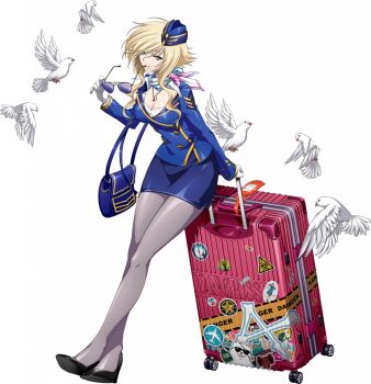1girl bag bird black_shoes blonde_hair blue_bag blue_hair blue_jacket blue_skirt breasts buttons cleavage collared_shirt crossed_legs dove eyewear_in_mouth flight_attendant flight_attendant_hat full_body game_cg garrison_cap gloves gold_buttons gold_trim green_eyes grey_pantyhose hat high_heels holding holding_removed_eyewear holding_suitcase insignia jacket jewelry langrisser langrisser_mobile large_breasts leaning leaning_on_object long_sidelocks looking_at_viewer medium_hair miniskirt mouth_hold multicolored_scarf official_alternate_costume official_art open_collar pantyhose parted_lips pencil_skirt pendant rolling_suitcase scarf shilinka_(langrisser) shirt shoes shoulder_bag sidelocks simple_background skirt smile solo standing sticker suitcase sunglasses tachi-e third-party_source too_many_stickers transparent_background travel_attendant unworn_eyewear watson_cross white_gloves white_scarf white_shirt