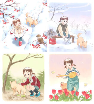 Rule 34 | 1other, 4girls, :o, ambiguous gender, animal collar, ankle boots, bad id, bag, bare tree, bench, bird request, black eyes, black jacket, black socks, blue overalls, blue pants, blue shirt, blue shorts, blue sky, blue sleeves, blue snake, blueberry, blunt bangs, blush, boots, branch, breath, brown fur, brown hair, brown tail, bug, bush, butterfly, buttons, closed mouth, coat, collar, collared jacket, collared shirt, colorful, commentary request, contrast collar, crew neck, dated commentary, day, denim, denim shorts, dirt, dot nose, downturned eyes, earmuffs, flower, food, footprints, from above, frozen lake, fruit, full body, green sky, handbag, holding, holding watering can, hood, hood down, hooded jacket, ice, ice skates, ice skating, insect, jacket, kneehighs, koike sadaji, laces, leaf, letterman jacket, long sleeves, looking at another, low twintails, mittens, multicolored jacket, multiple girls, nose blush, on bench, open mouth, original, outdoors, overalls, pants, perched, pink sky, pocket, polo shirt, red bag, red boots, red collar, red flower, red jacket, red mittens, red sleeves, red tulip, rubber boots, scarf, shirt, short hair, short twintails, shorts, sidelocks, sitting, skates, skating, sky, sleeve cuffs, smile, snow, snow on branch, snow on face, socks, spring (season), squatting, star (sky), starry sky, striped clothes, striped shirt, striped sleeves, t-shirt, three-quarter sleeves, tree, tulip, twintails, two-tone jacket, two-tone shirt, two-tone sleeves, tying, undershirt, uneven overalls, vertical-striped sleeves, walking, watering can, white boots, white coat, white hood, white jacket, white scarf, white shirt, white sleeves, wing collar, winter, winter clothes, wooden bench, yellow butterfly, yellow sleeves, zipper pull tab