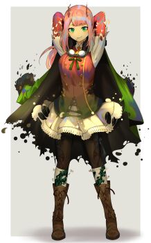 1girl absurdres argyle_clothes argyle_socks arms_behind_head black_pantyhose boots border breasts brown_boots character_transformation collared_shirt commentary commission darling_in_the_franxx drag-on_dragoon drag-on_dragoon_3 english_commentary eyeshadow goggles goggles_around_neck green_eyes green_jacket green_socks grey_background hentaki highres horns jacket jacket_on_shoulders looking_at_viewer makeup medium_breasts outside_border pantyhose pink_hair red_eyeshadow red_shirt second-party_source shadow shirt skirt smile socks solo three_(drag-on_dragoon) transformation white_border white_shirt white_skirt white_socks zero_two_(darling_in_the_franxx)