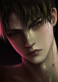 1boy artist_name black_hair commentary eyelashes feppydoodles haikyuu!! hashtag-only_commentary highres lips looking_at_viewer male_focus nose nude portrait red_pupils shiny_skin short_hair solo ushijima_wakatoshi wet wet_hair