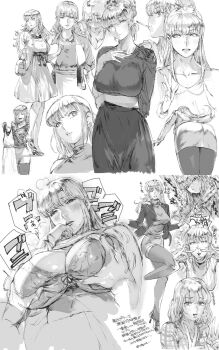 1girl :p ^_^ akimoto_katherine_reiko alternate_hairstyle bag bare_legs belt bra breasts breath cleavage closed_eyes curvy double_v dress drinking_straw embarrassed from_below grabbing_another&#039;s_breast groping guitar handbag happy hetero high_heels highres holding holding_unworn_clothes instrument jacket jewelry kochikame large_breasts long_hair looking_at_viewer making_faces male_hand miniskirt monochrome multiple_persona multiple_views music necklace orushibu pencil_skirt playing_instrument police police_uniform policewoman pov shoes short_dress simple_background skirt smile standing standing_on_one_leg sweatdrop tagme thighhighs tongue tongue_out translation_request underboob underwear v white_background zettai_ryouiki