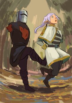 1boy 1girl amputee armless_amputee armor arms_behind_back artist_name black_knight_(monty_python) black_pantyhose boots brown_boots cape crossover dated double_amputee forest frieren full_body gold_trim green_eyes helmet highres kanokoga kicking knight long_pointy_ears long_sleeves monty_python monty_python_and_the_holy_grail nature open_mouth outdoors pantyhose pointy_ears shirt signature skirt sousou_no_frieren standing standing_on_one_leg striped_clothes striped_shirt twintails white_cape white_skirt wide-eyed