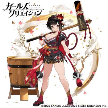 1girl black_hair black_kimono black_sandals blush bob_cut botticelli_(girls_creation) breasts brown_eyes bursting_breasts cleavage closed_mouth collarbone commentary_request copyright_logo copyright_name copyright_notice food full_body girls_creation highres holding_kite huge_breasts japanese_clothes kimono kine kite logo looking_at_viewer mallet mochi mochitsuki mortar_(bowl) multicolored_hair nauribon obi official_art red_hair red_socks sandals sash short_hair short_kimono short_sleeves simple_background smile socks solo standing steam streaked_hair striped_hair tachi-e thighs white_background yellow_eyes