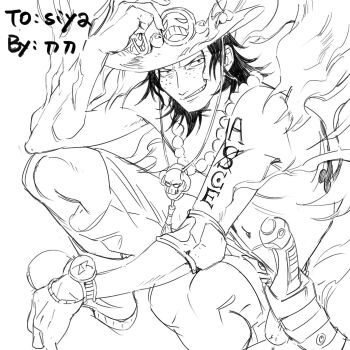 1boy arm_tattoo bracelet fire freckles greyscale hand_on_own_hat hashtag-only_commentary hat highres jewelry log_pose looking_at_viewer male_focus monochrome necklace one_piece pearl_necklace portgas_d._ace short_hair shorts siyangou49 smile solo squatting tattoo topless_male